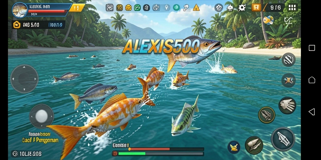 Tampilan utama gameplay ALEXIS500 menampilkan aksi menembak ikan yang seru.