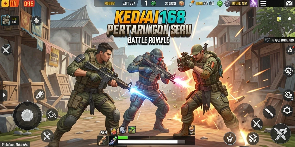 Screenshot KEDAI168 menampilkan aksi pertempuran intens di arena Battle Royale.