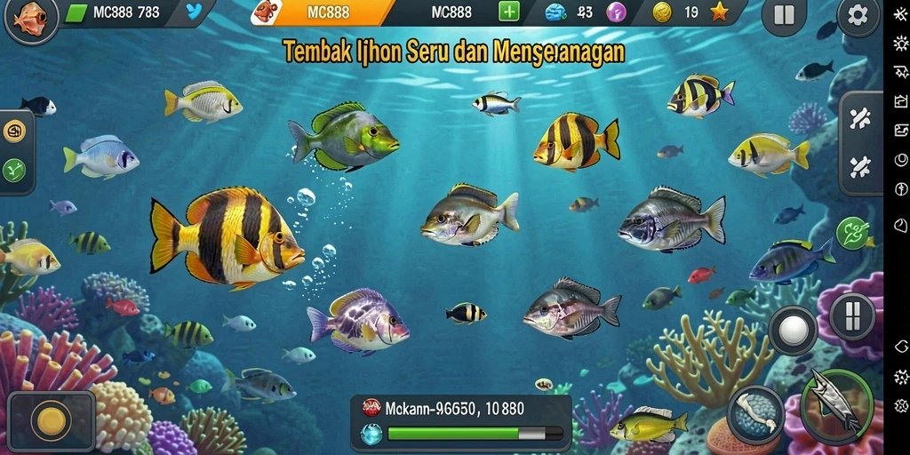 Tampilan permainan Tembak Ikan yang menarik dan penuh warna.