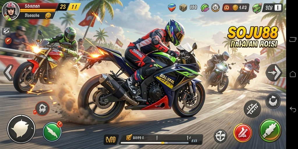 Tampilan gameplay balapan motor yang mendebarkan di SOJU88.