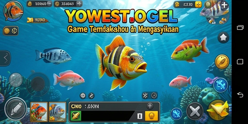Tangkapan layar gameplay YOWESTOGEL menampilkan aksi seru menangkap ikan.